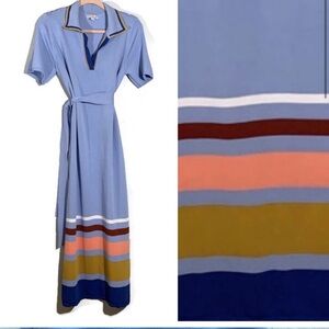 Eva Mendes: Stylish Light Blue Dress with Colorful Striped Detail